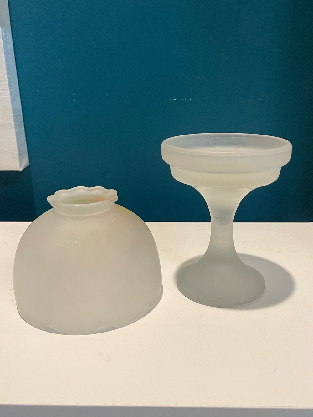 Vintage Frosted Glass Floral Fairy Lamp Style Satin Glass Candle Lamp 2 Pc - Picture 4 of 5